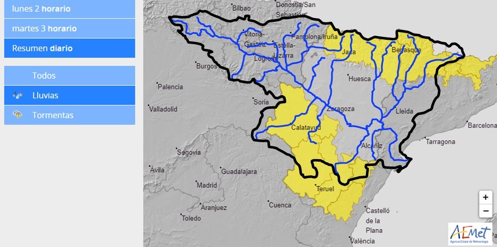 AVISO HIDROLÓGICO - La CHE intensifica la vigilancia y recuerda la posibilidad de crecidas de carácter local en barrancos y cauces menores en el Pirineo central y oriental, el Prepirineo, y el Sistema Ibérico central y oriental