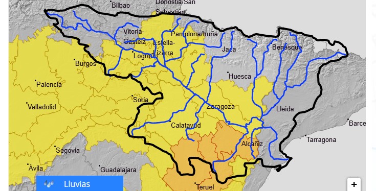 Como consecuencia de los avisos de la AEMet por lluvias intensas, se advierte de la posibilidad de crecidas súbitas en barrancos y cauces menores en Castilla y León, La Rioja, Navarra, Aragón, Castilla-La Mancha (Guadalajara) y Comunidad Valenciana (Castellón)